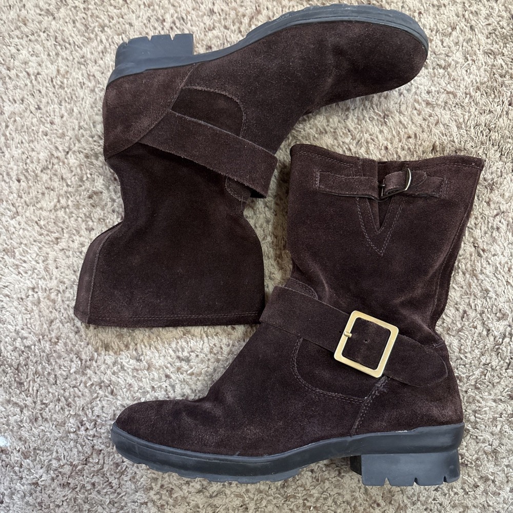 Aerosols Boots‎ Women's Sz 7 Brown  Biker Boot Short Soft Buckles Pull On
